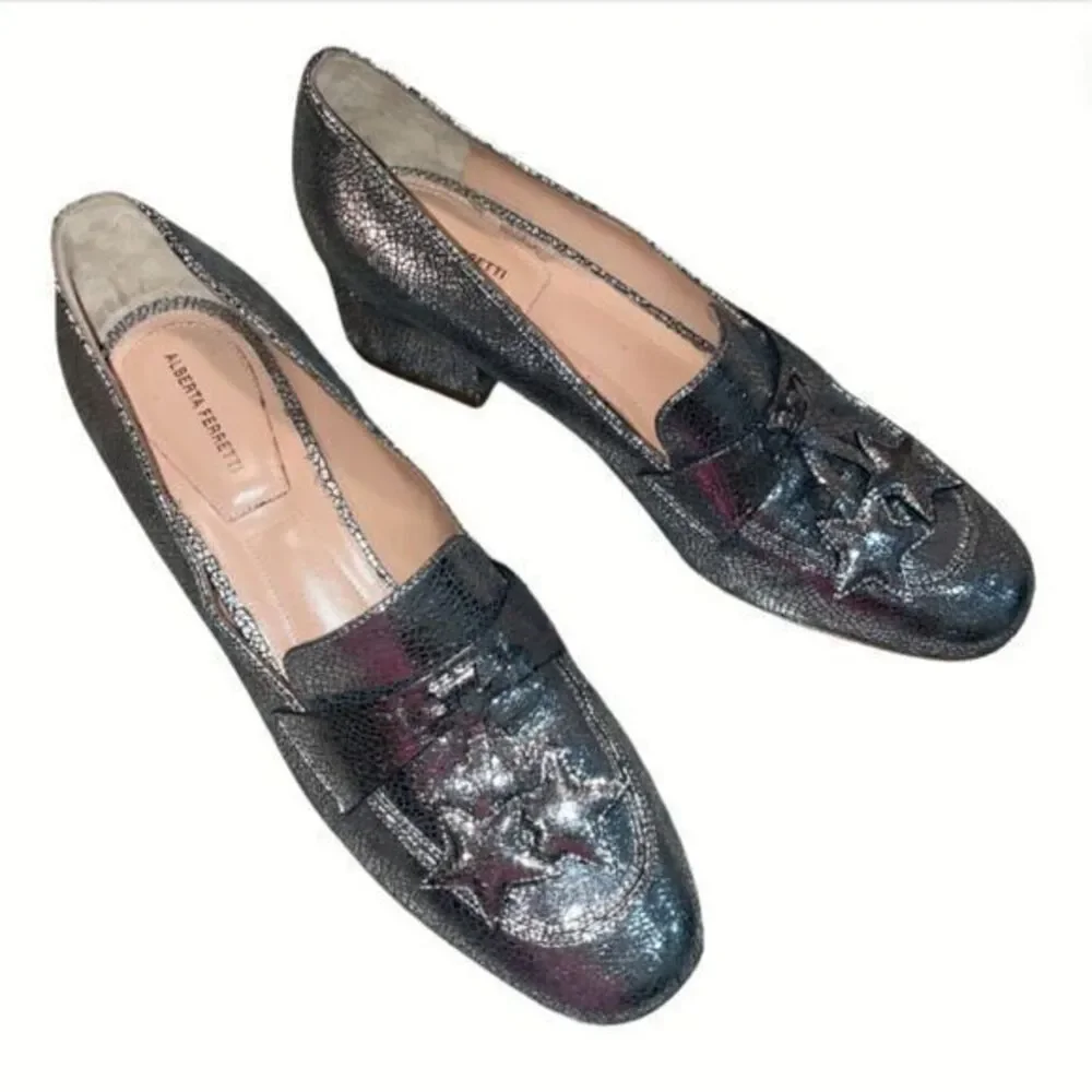 Alberta Ferretti Silver Metallic Loafers Star Tassel 8 IT38‎ Block Heel Italian